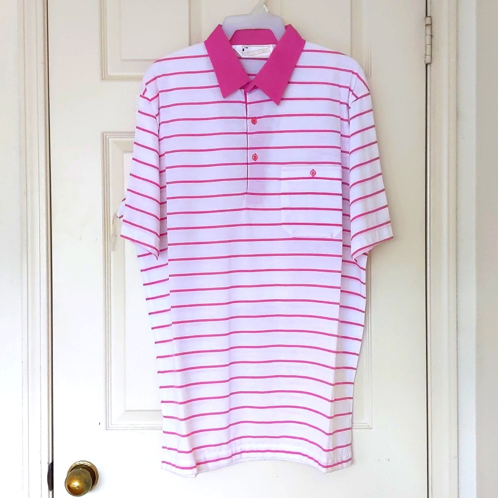 NWT. Men's Cotton Blended Short Sleeve Polo Shirt with pink stripes.